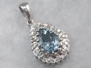 Aquamarine Diamond Halo White Gold Pendant