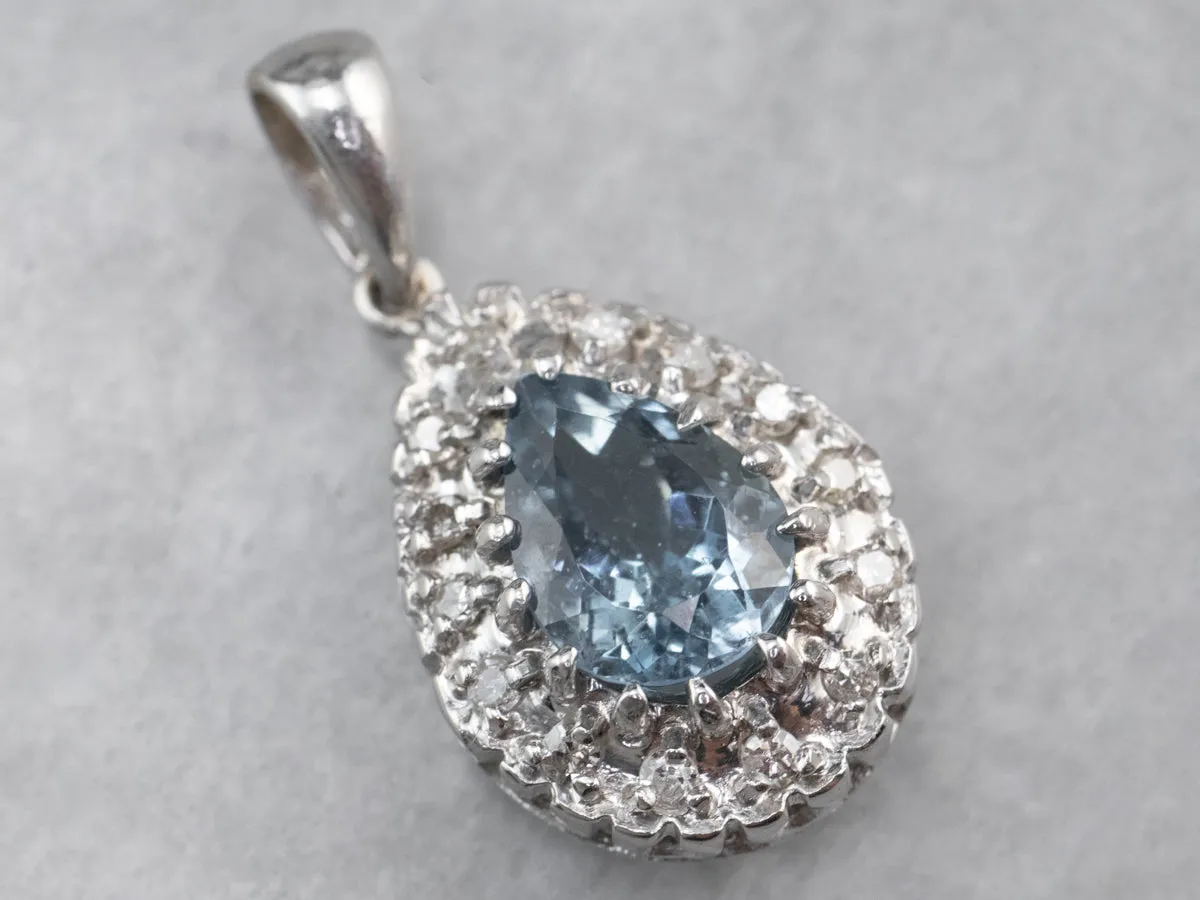 Aquamarine Diamond Halo White Gold Pendant