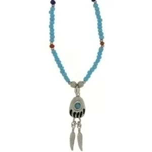 BEADED GLASS SEED W/ BEAR PAW & FEATHER NECKLACE