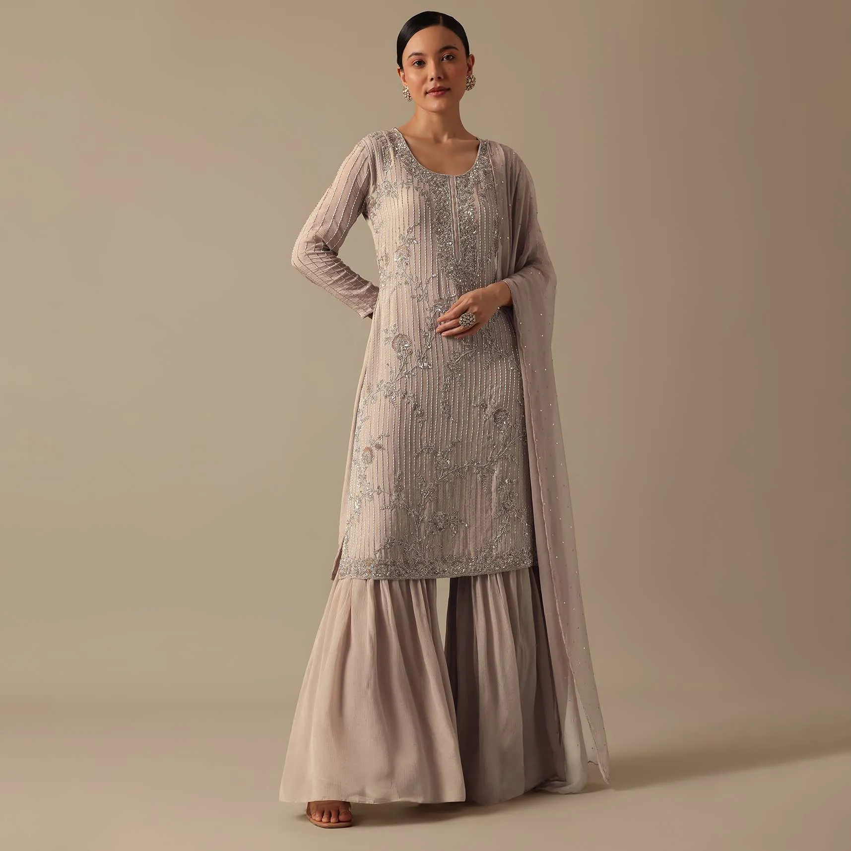 Beige Kurta And Sharara Set With Zardozi Work
