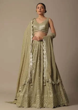 Beige Lehenga Set With Foil Mirror Embroidery