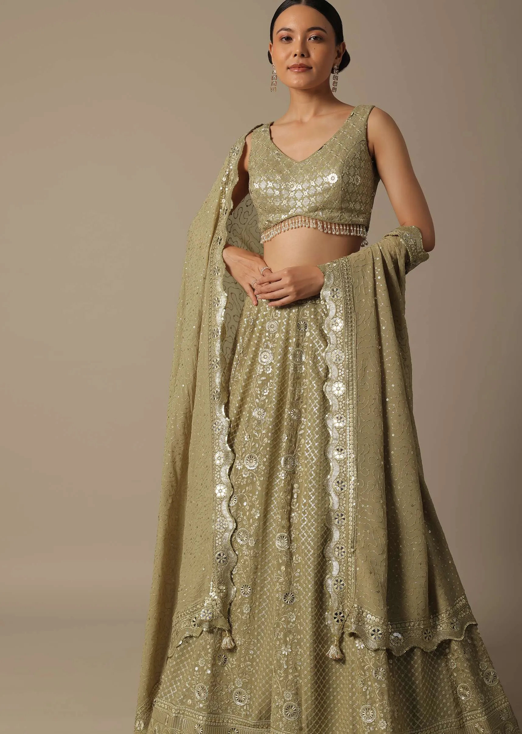 Beige Lehenga Set With Foil Mirror Embroidery