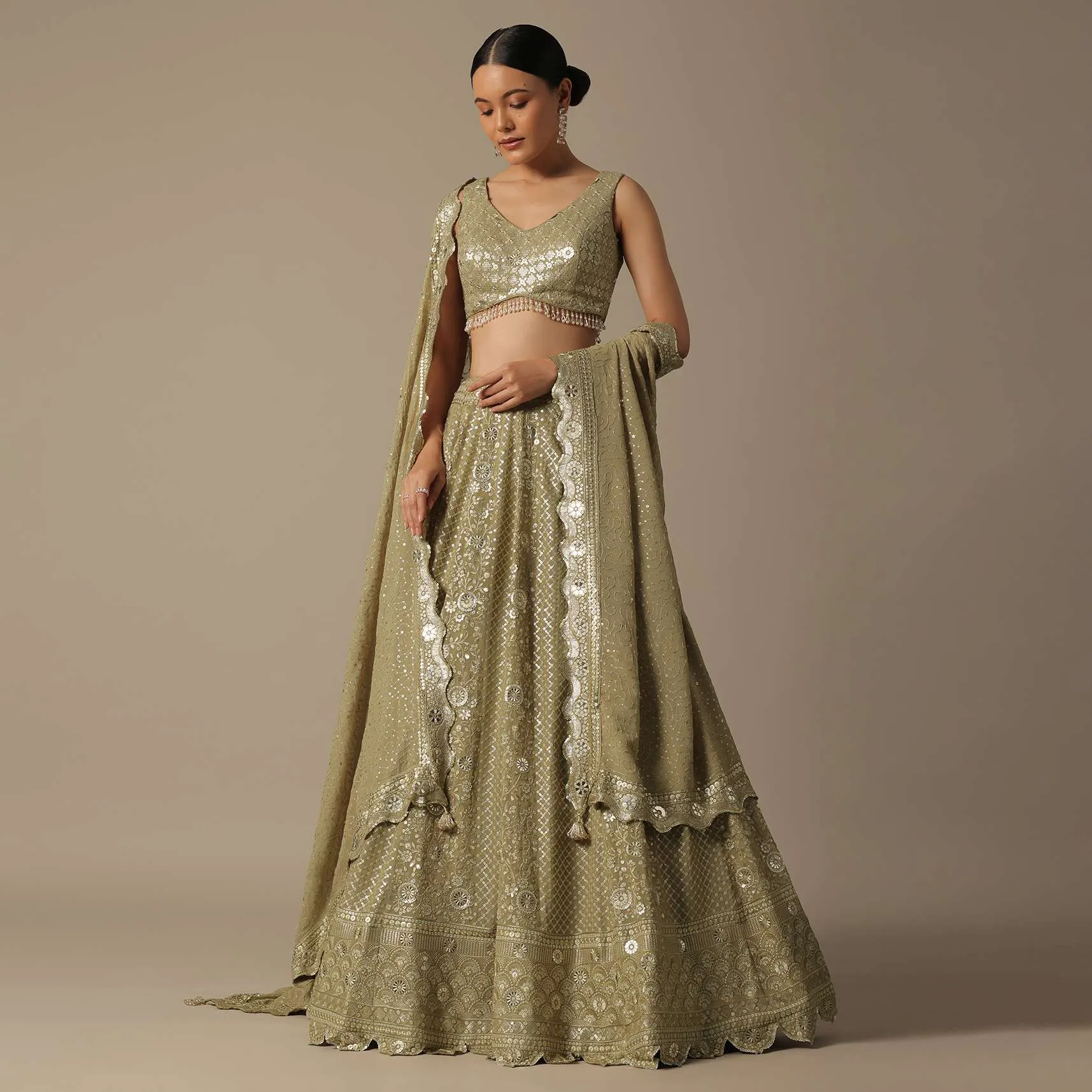 Beige Lehenga Set With Foil Mirror Embroidery