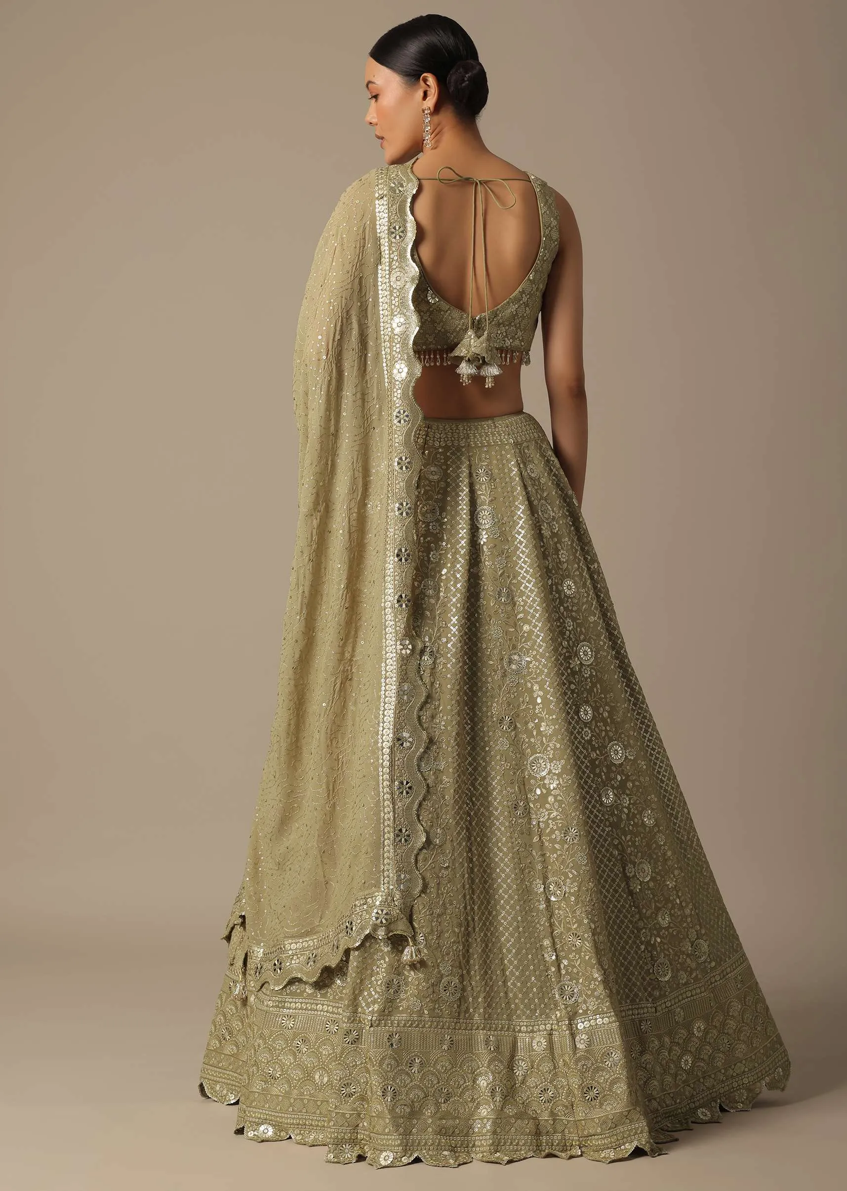 Beige Lehenga Set With Foil Mirror Embroidery