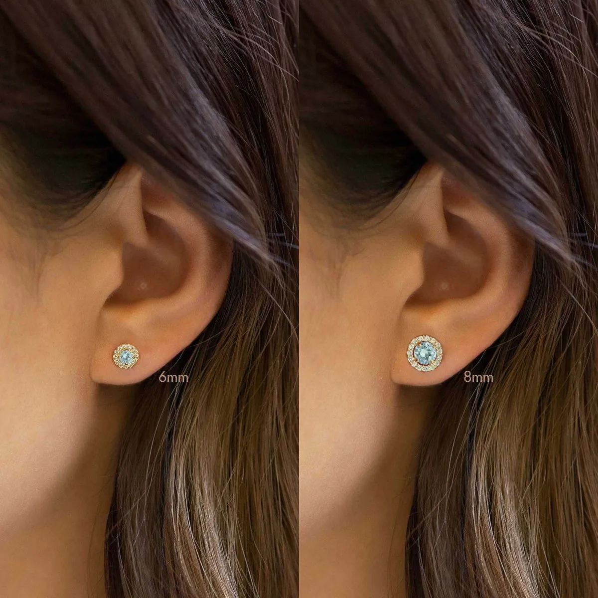 Birthstone Solitaire Halo Studs Aquamarine