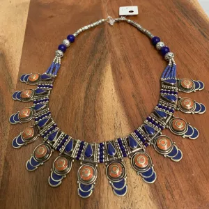 Bohemian Tibetan Vintage Handmade Coral & Lapis Stone Bead Necklace #17