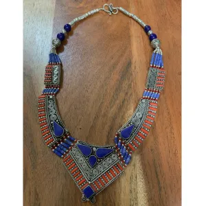 Bohemian Tibetan Vintage Handmade Coral Lapis Stone Bead Necklace #5