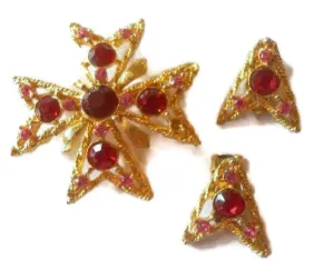 Bright Pink Rhinestone Brooch and Clip Earrings circa 1960s