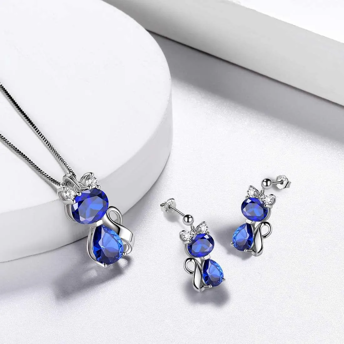 Cat Birthstone September Sapphire Earrings Women Girls Jewelry Birthday Gift Sterling Silver