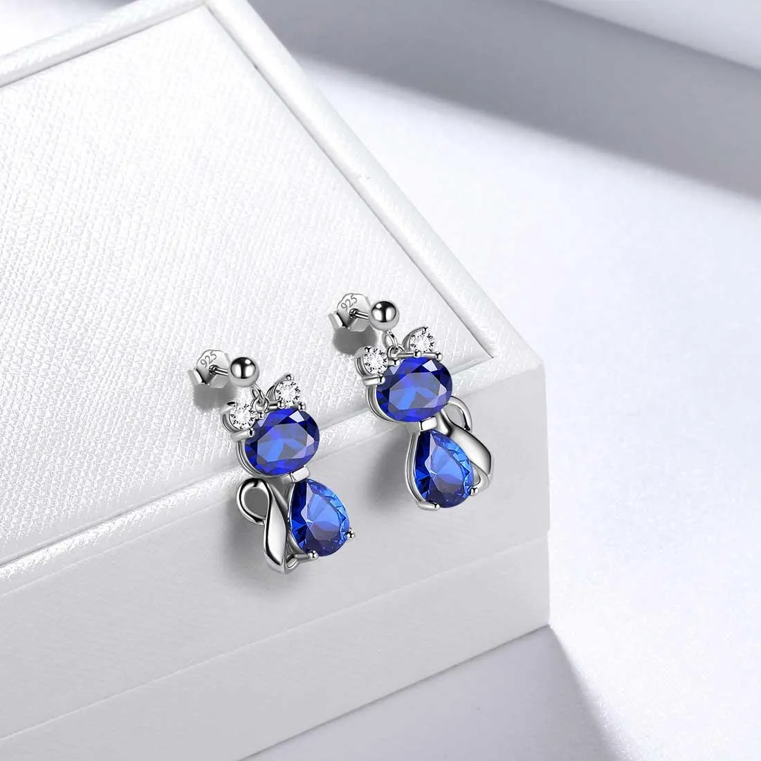 Cat Birthstone September Sapphire Earrings Women Girls Jewelry Birthday Gift Sterling Silver