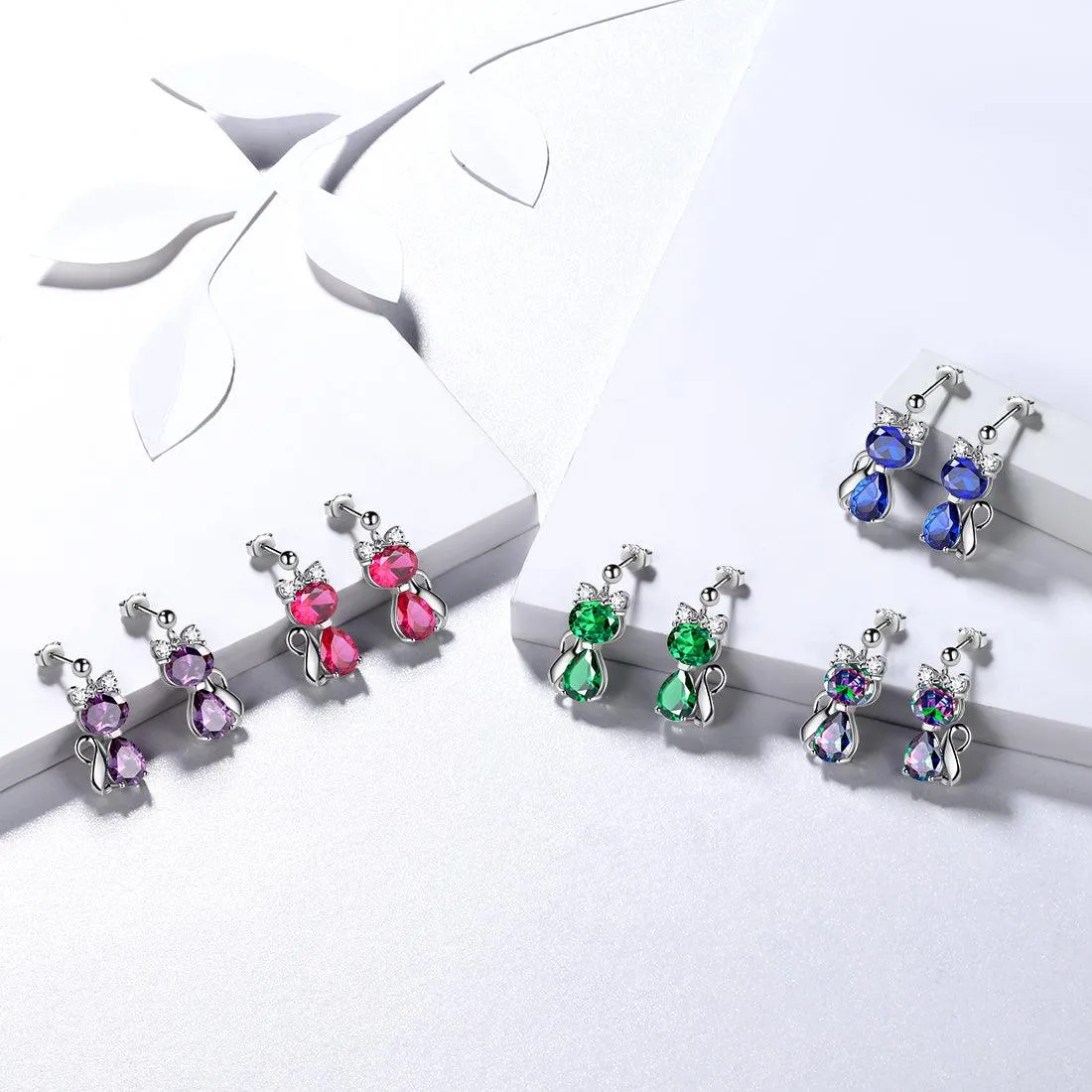 Cat Birthstone September Sapphire Earrings Women Girls Jewelry Birthday Gift Sterling Silver