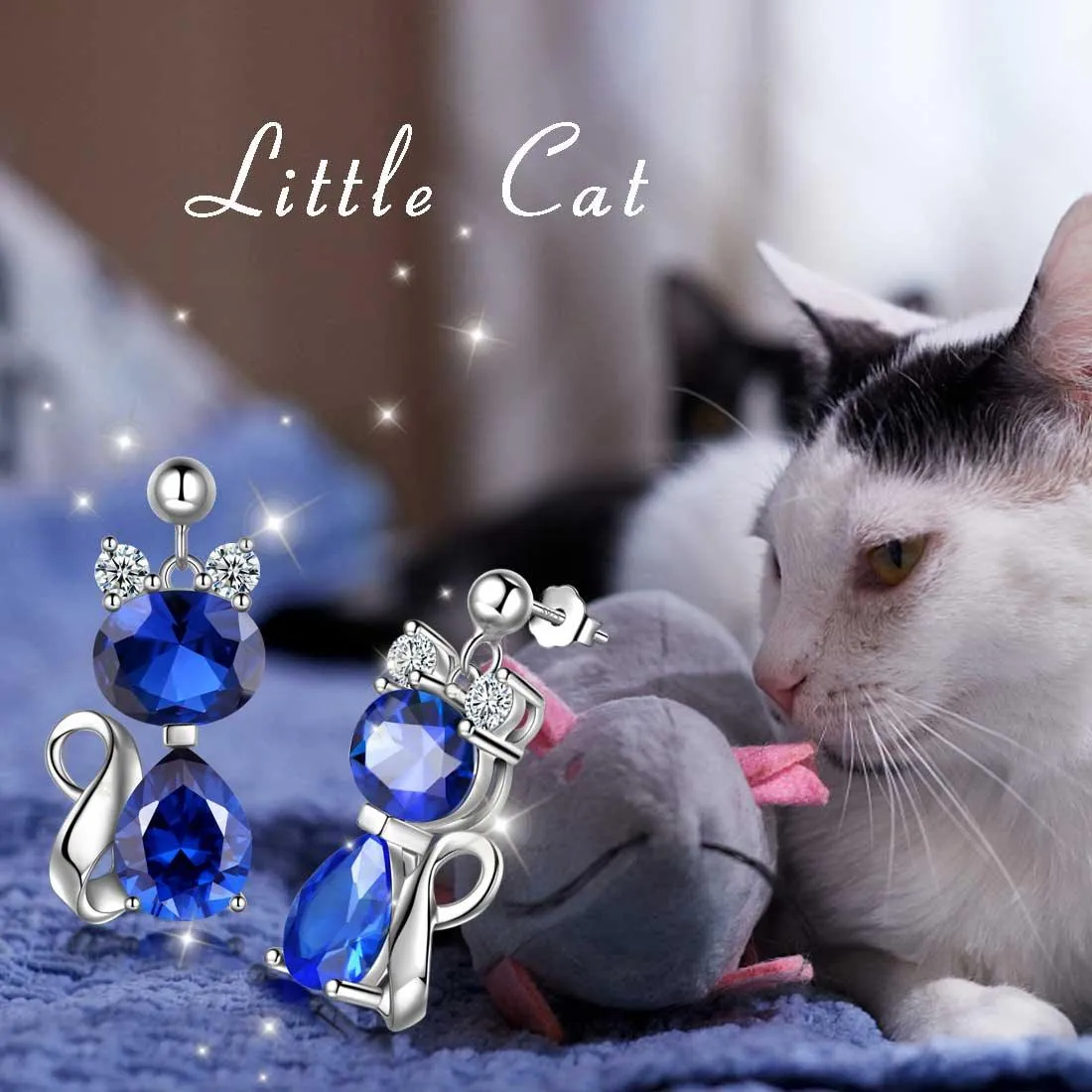 Cat Birthstone September Sapphire Earrings Women Girls Jewelry Birthday Gift Sterling Silver