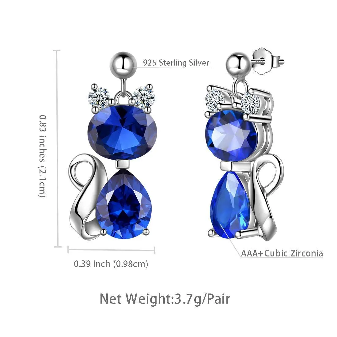 Cat Birthstone September Sapphire Earrings Women Girls Jewelry Birthday Gift Sterling Silver