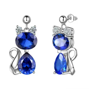 Cat Birthstone September Sapphire Earrings Women Girls Jewelry Birthday Gift Sterling Silver