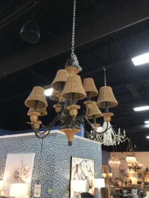 CHANDELIER BRONZE COLORED WITH WOVEN SHADES NINE LIGHTS