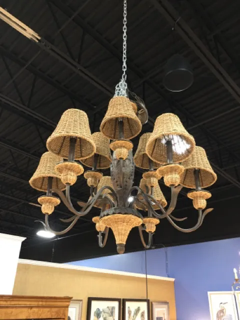 CHANDELIER BRONZE COLORED WITH WOVEN SHADES NINE LIGHTS
