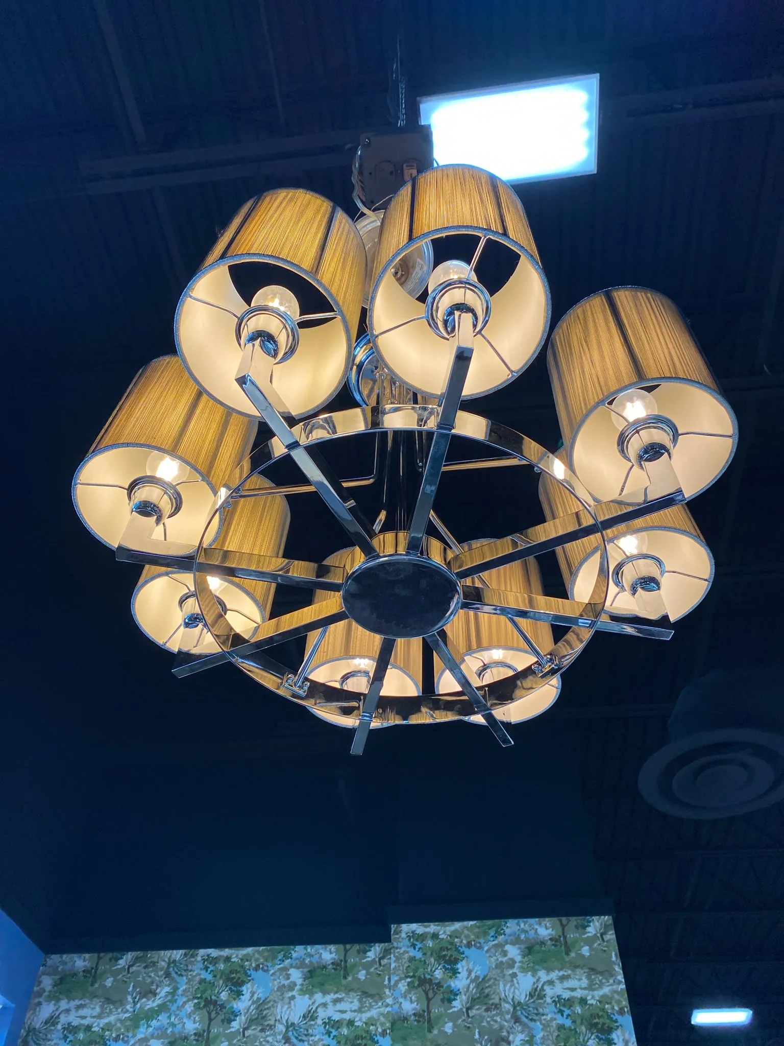 CHANDELIER CHROME WAGON WHEEL 8 LIGHT STRING SHADES
