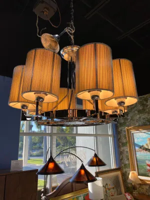 CHANDELIER CHROME WAGON WHEEL 8 LIGHT STRING SHADES
