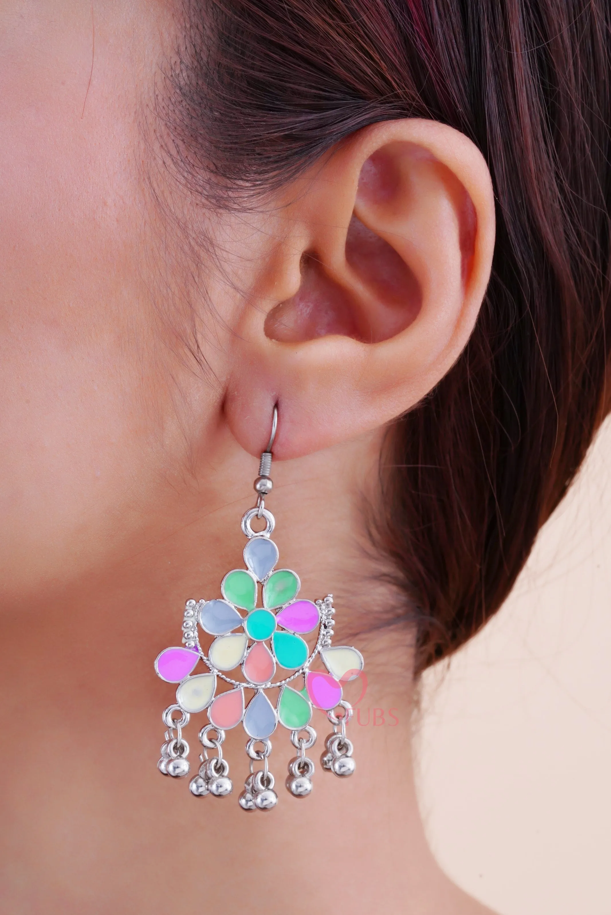 Color Burst Chandelier Ghungroo Hook Earrings