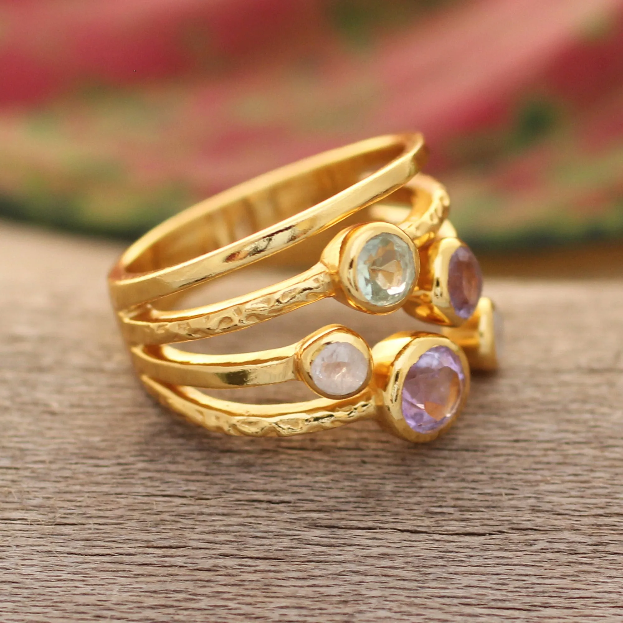 Colorful 18k Gold-Plated Multi-Stone Ring Crafted in India - Colorful Fantasy | NOVICA