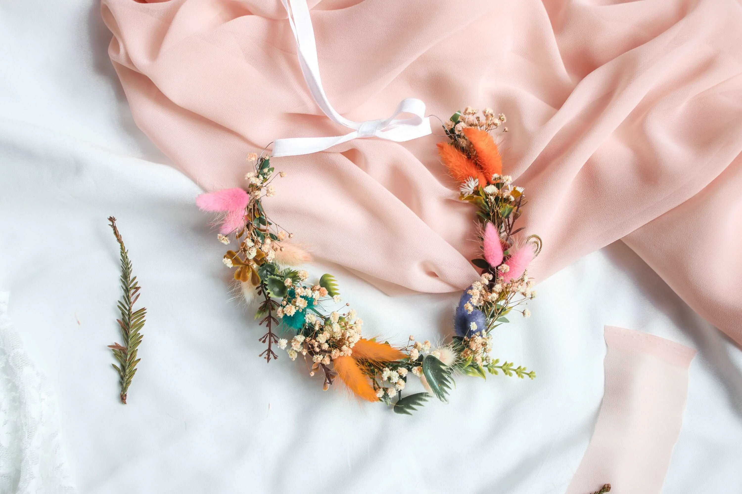 Colorful Bunny Tails Flower Girl Crown, Baby's Breath Baby Crown, baby shower gift, baby headband, birthday crown