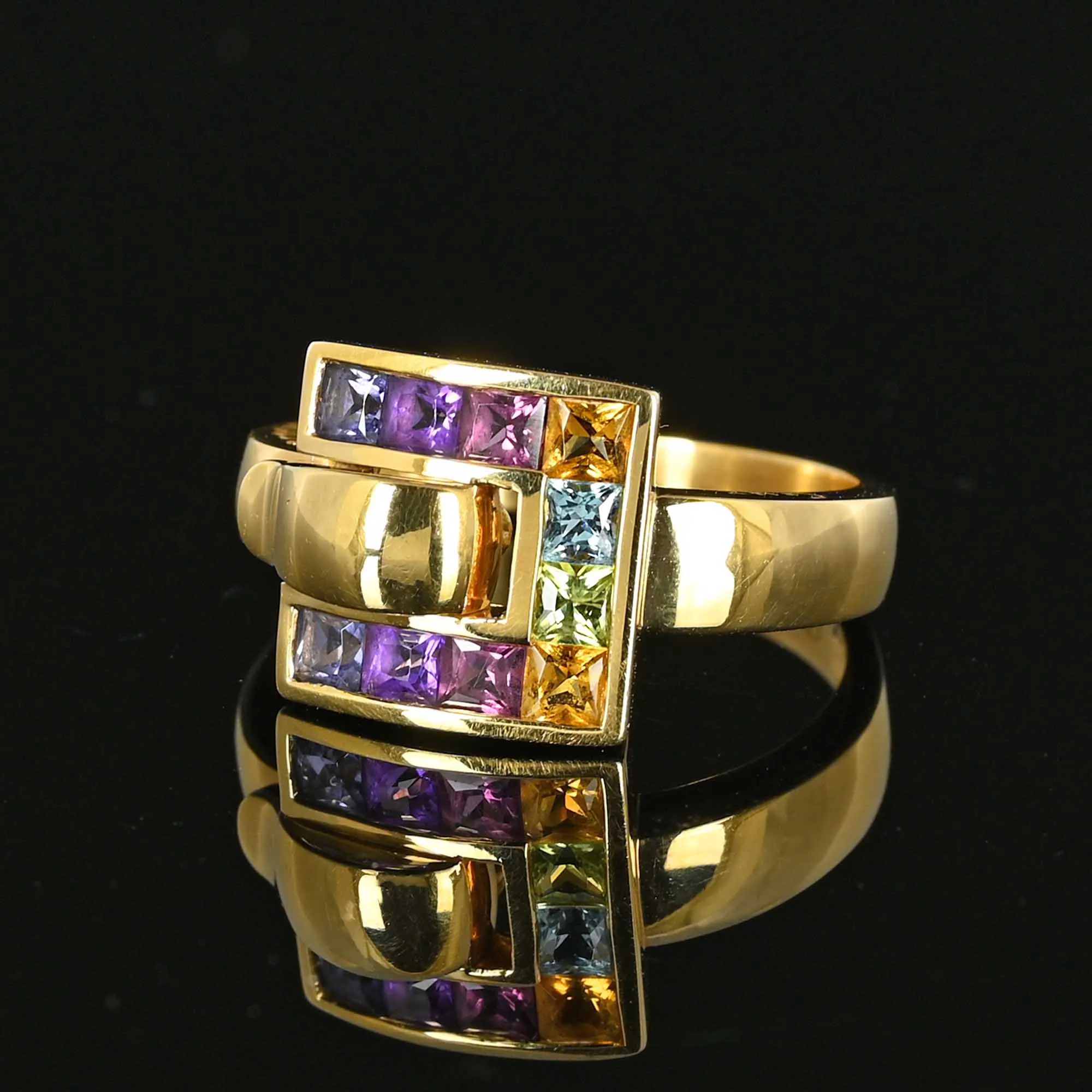 Colorful Multi Gemstone Buckle Ring in 18K Gold