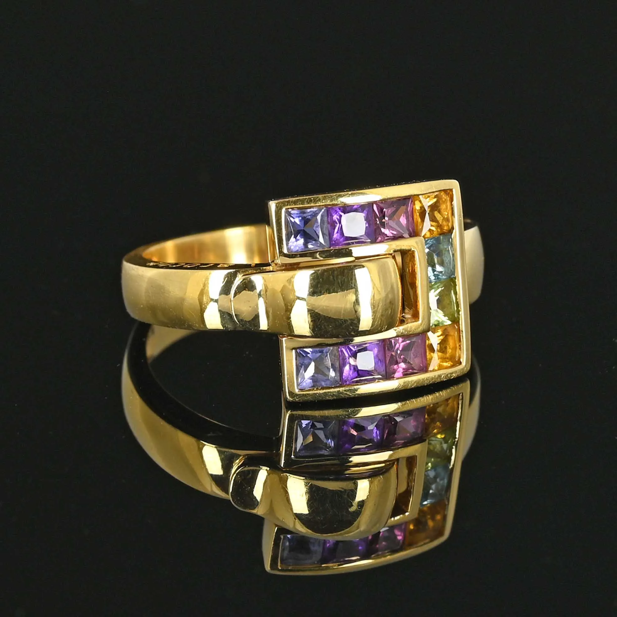 Colorful Multi Gemstone Buckle Ring in 18K Gold