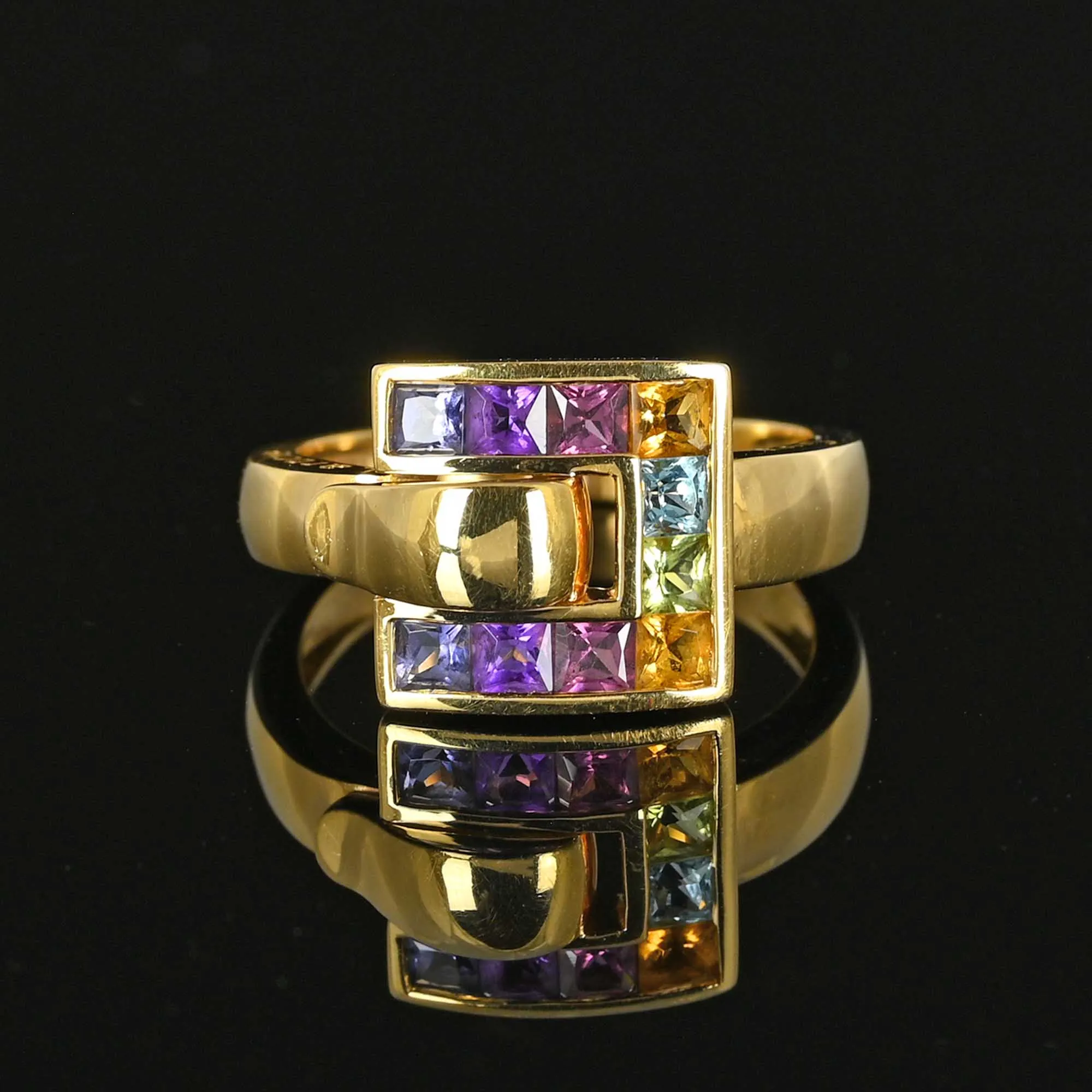 Colorful Multi Gemstone Buckle Ring in 18K Gold