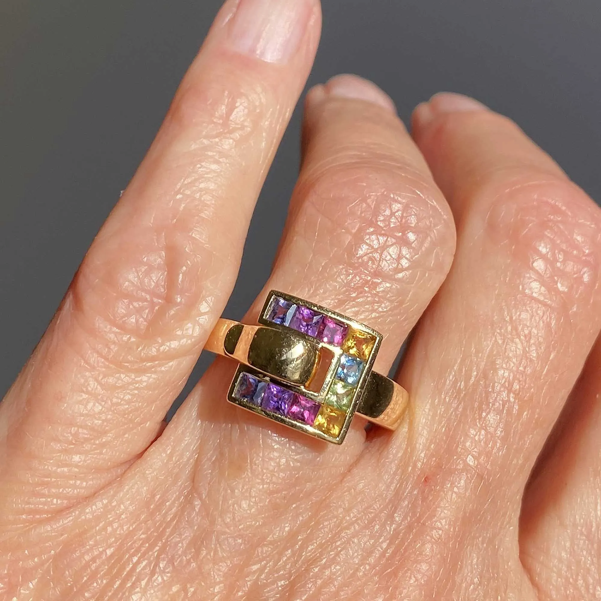 Colorful Multi Gemstone Buckle Ring in 18K Gold
