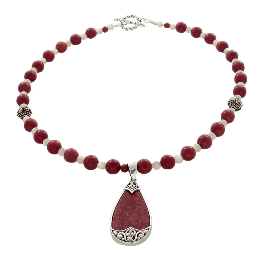 Coral and Cream Ulexite Necklace with Coral and silver pendant