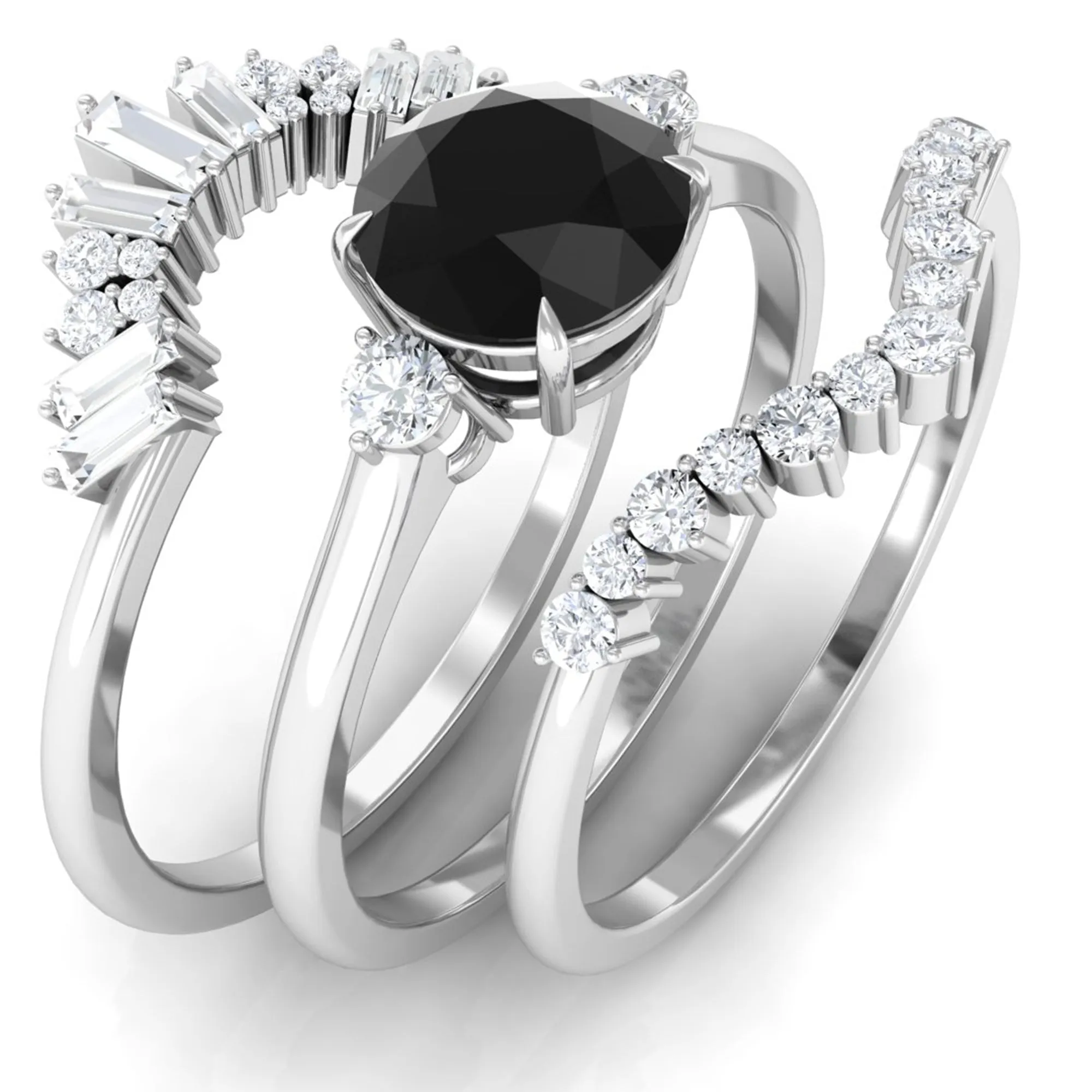 Created Black Diamond Designer Trio Wedding Ring Set with Diamond