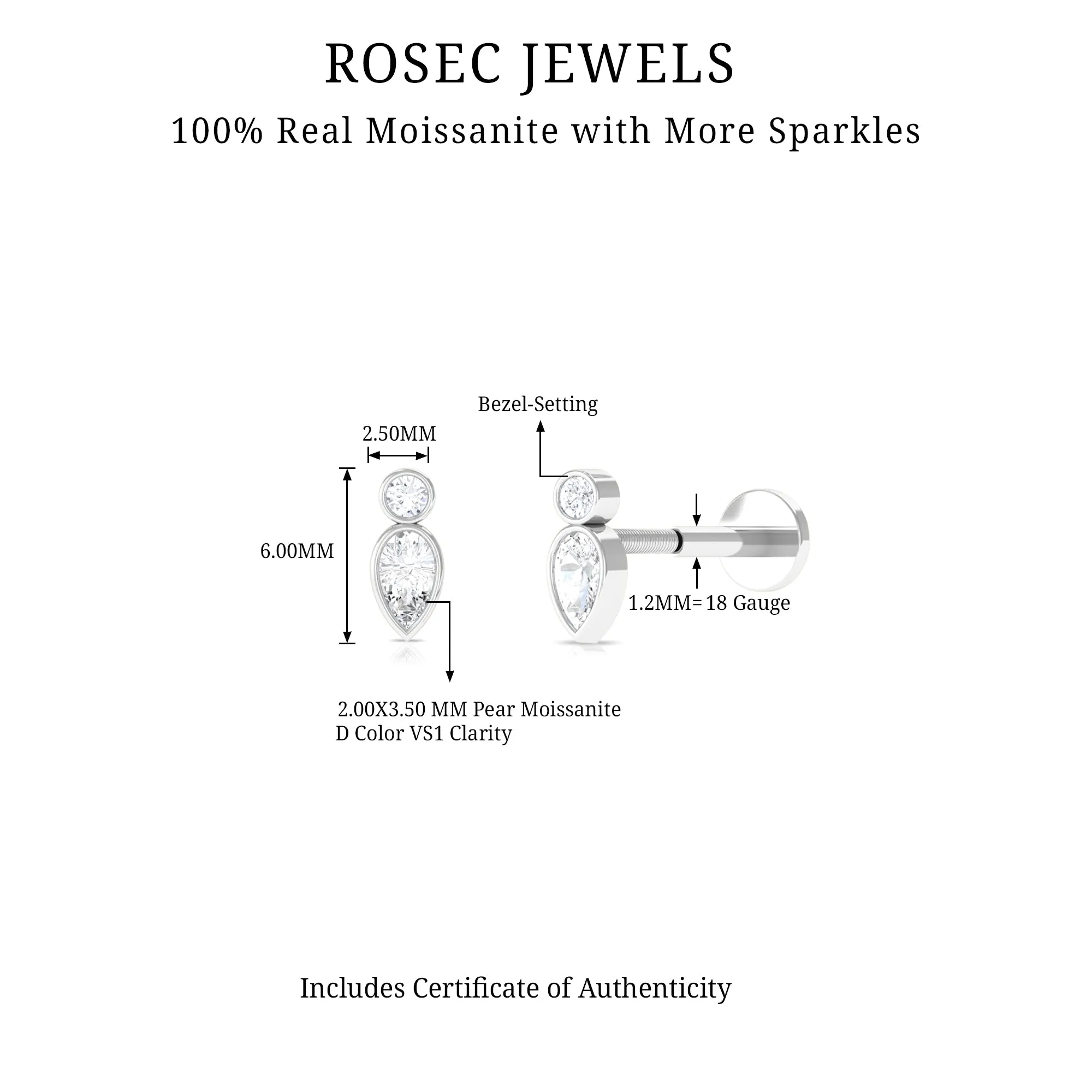 Dainty Pear and Round Cut Moissanite Tragus Earring
