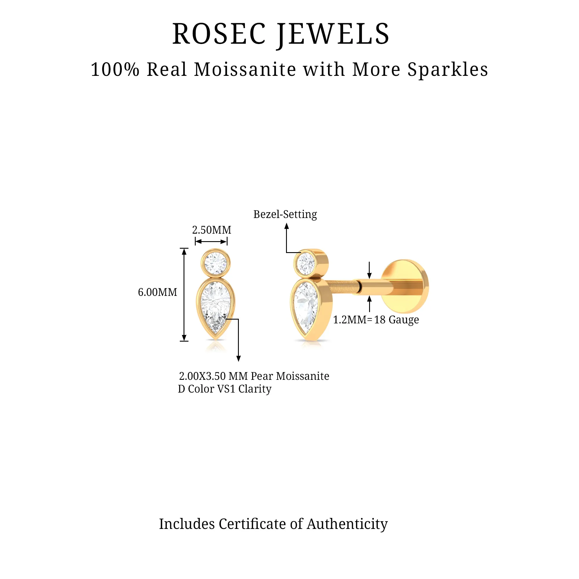 Dainty Pear and Round Cut Moissanite Tragus Earring