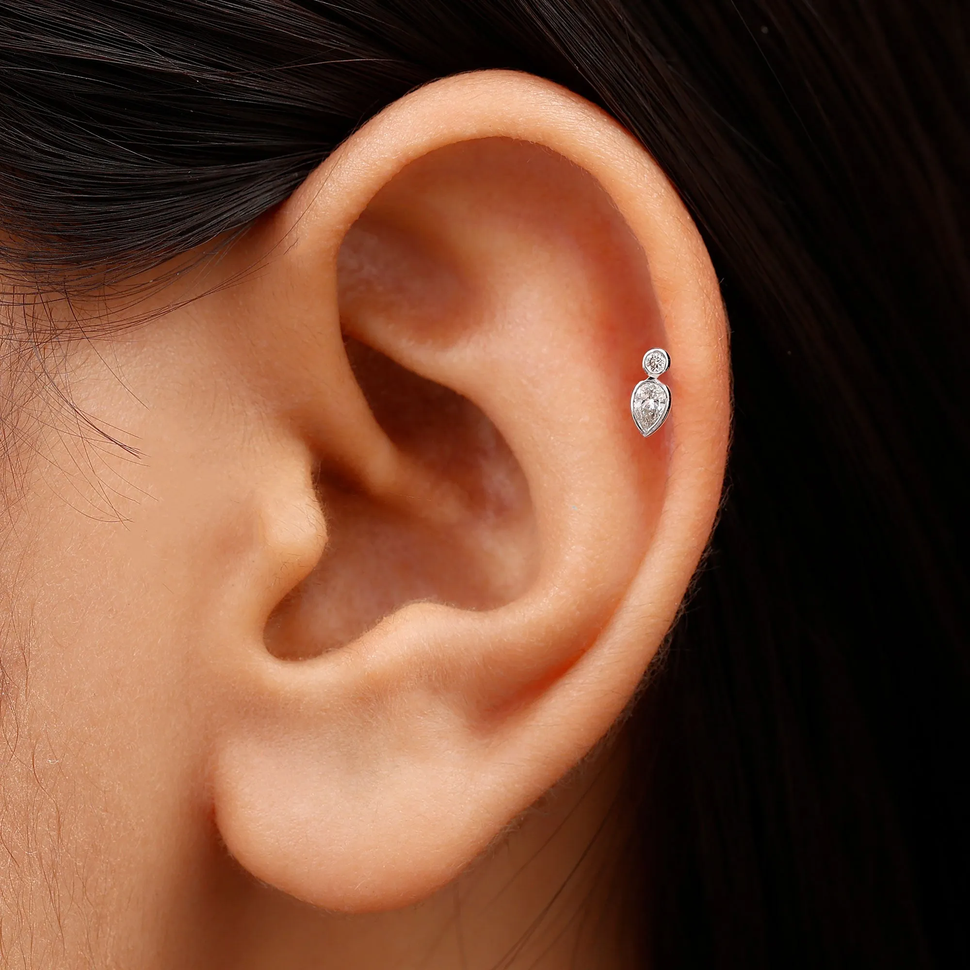 Dainty Pear and Round Cut Moissanite Tragus Earring