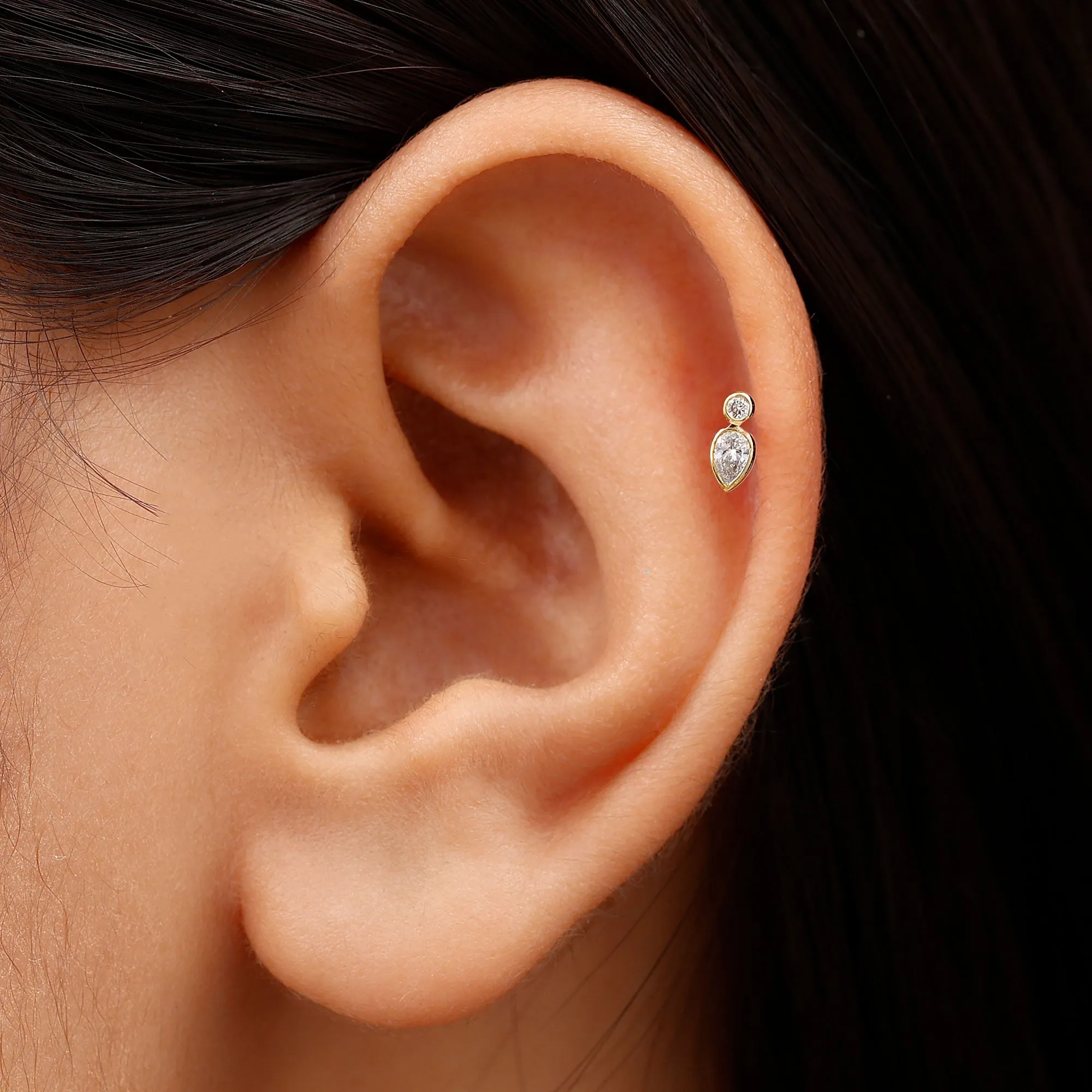 Dainty Pear and Round Cut Moissanite Tragus Earring