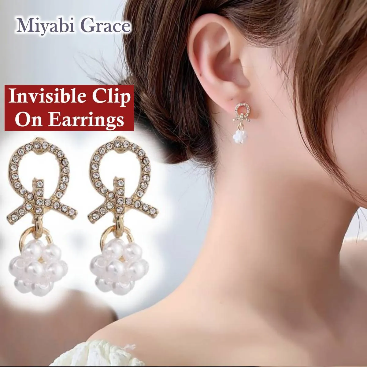 Dangle White Pearl Ball with Crystal Rhinestone Open Circle Gold Invisible Clip On Stud Earrings