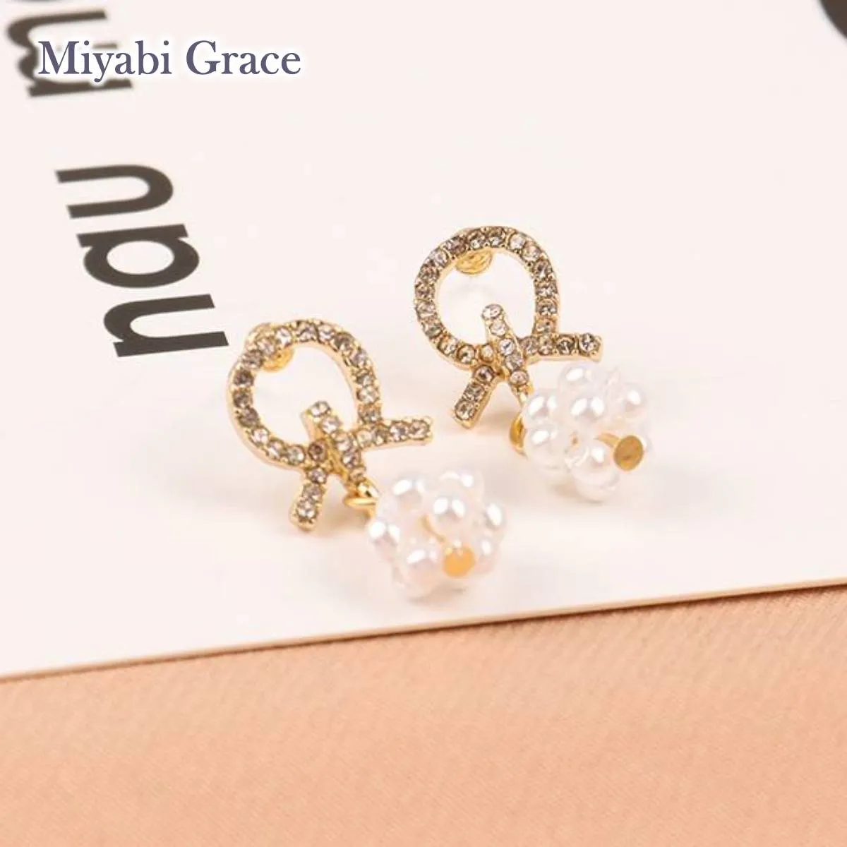 Dangle White Pearl Ball with Crystal Rhinestone Open Circle Gold Invisible Clip On Stud Earrings