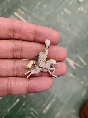 Diamond Money Horse  - 10k Yellow Gold Money Horse Diamond Pendant , Private Money Horse Hand Cut  0.46ct , 1.5" - custom jewelry