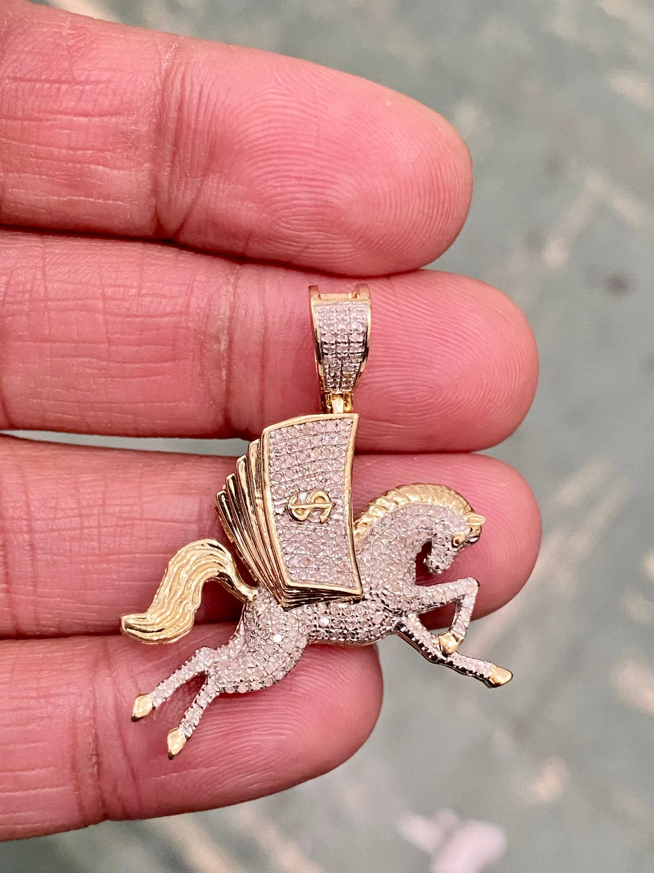 Diamond Money Horse  - 10k Yellow Gold Money Horse Diamond Pendant , Private Money Horse Hand Cut  0.46ct , 1.5" - custom jewelry