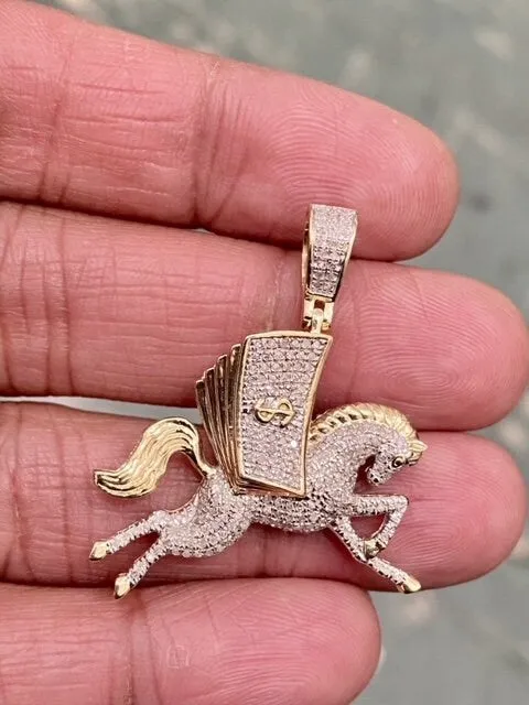Diamond Money Horse  - 10k Yellow Gold Money Horse Diamond Pendant , Private Money Horse Hand Cut  0.46ct , 1.5" - custom jewelry