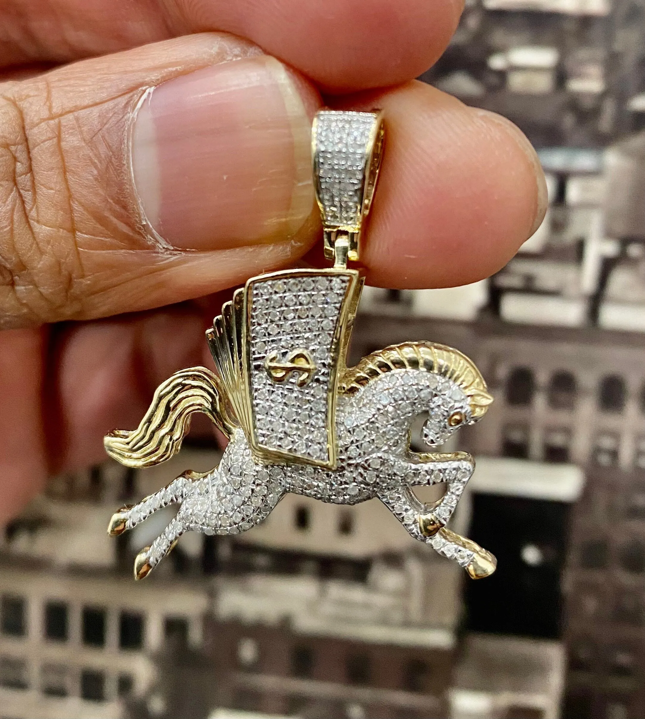 Diamond Money Horse  - 10k Yellow Gold Money Horse Diamond Pendant , Private Money Horse Hand Cut  0.46ct , 1.5" - custom jewelry