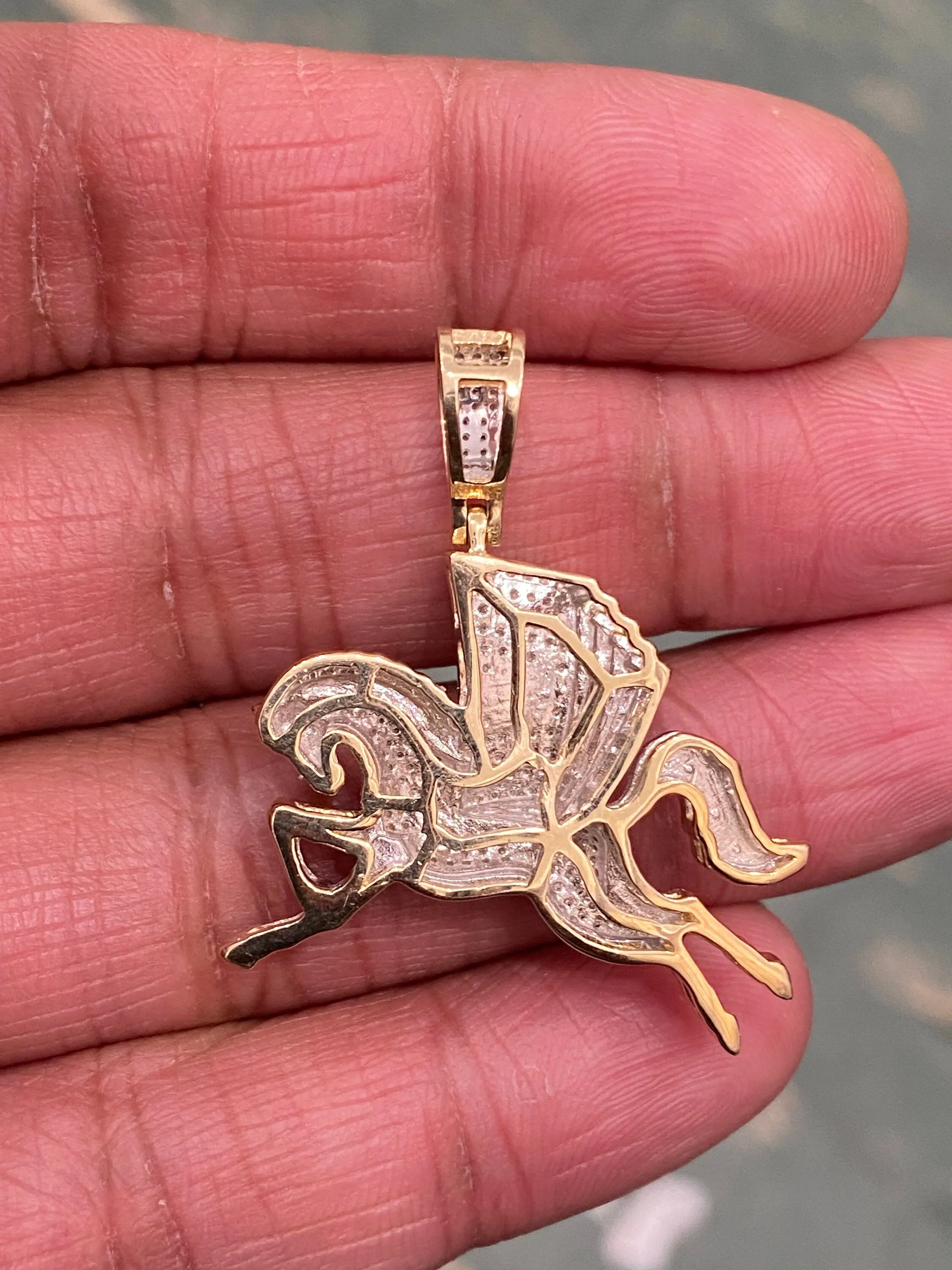 Diamond Money Horse  - 10k Yellow Gold Money Horse Diamond Pendant , Private Money Horse Hand Cut  0.46ct , 1.5" - custom jewelry