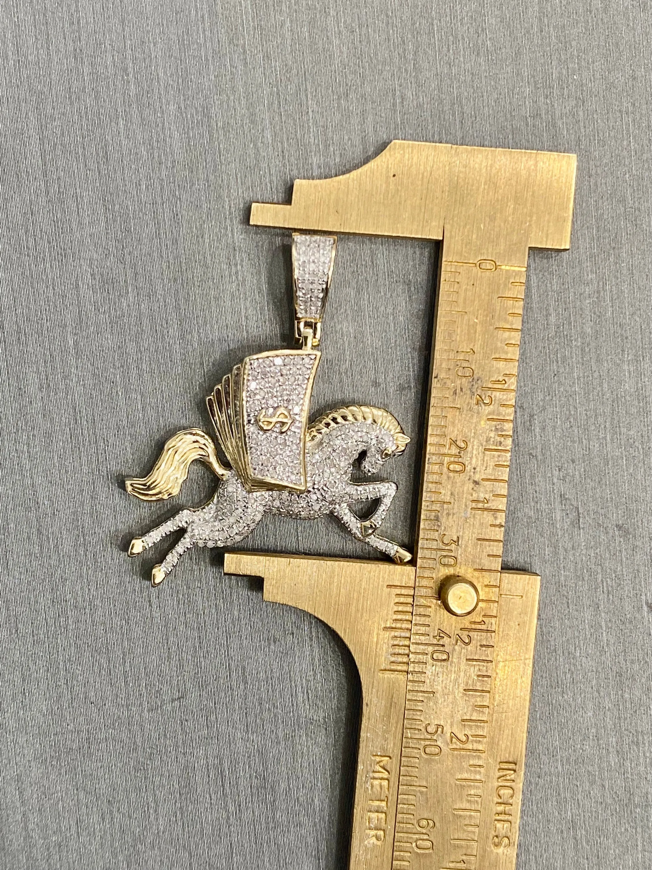 Diamond Money Horse  - 10k Yellow Gold Money Horse Diamond Pendant , Private Money Horse Hand Cut  0.46ct , 1.5" - custom jewelry