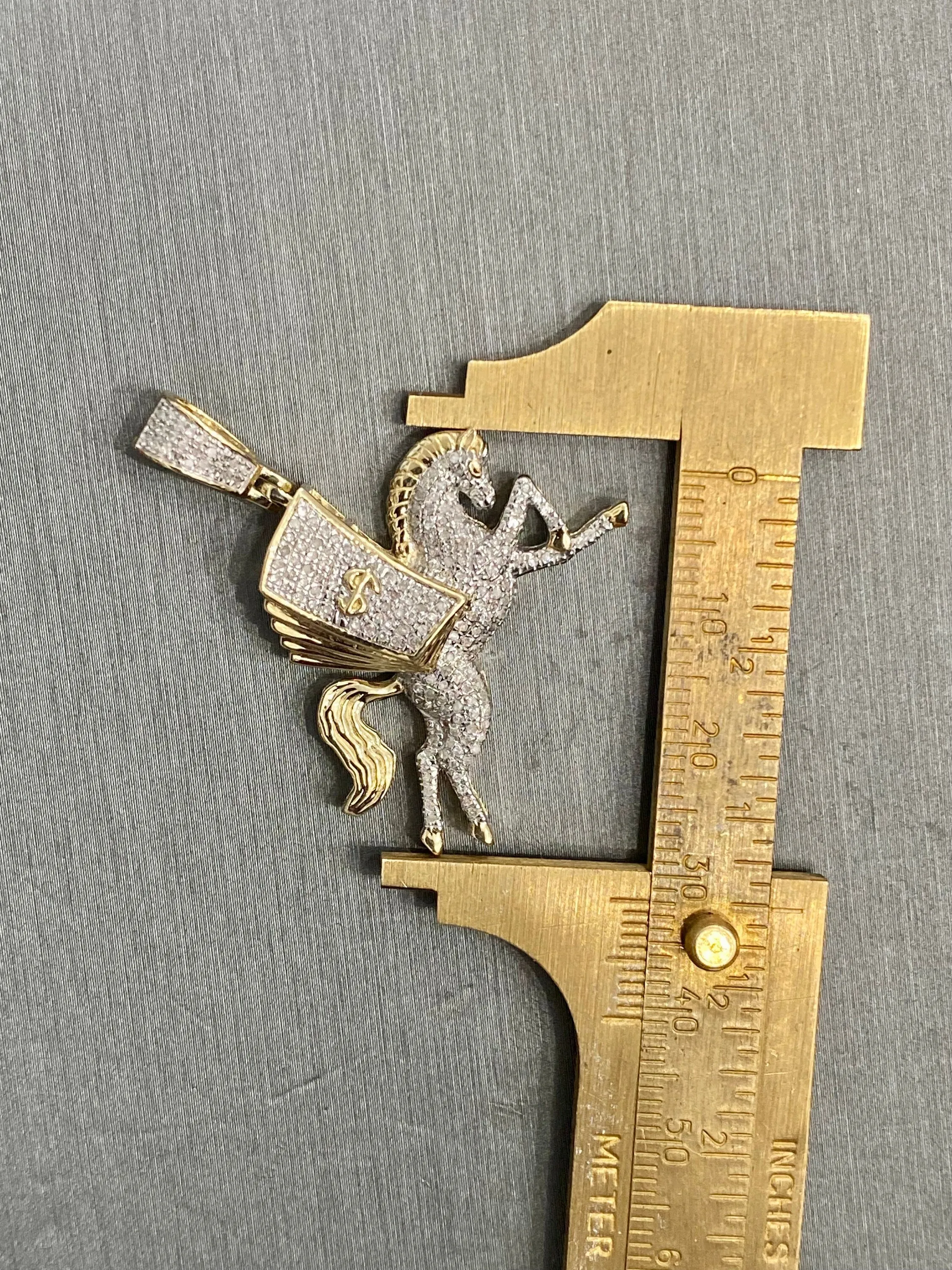 Diamond Money Horse  - 10k Yellow Gold Money Horse Diamond Pendant , Private Money Horse Hand Cut  0.46ct , 1.5" - custom jewelry