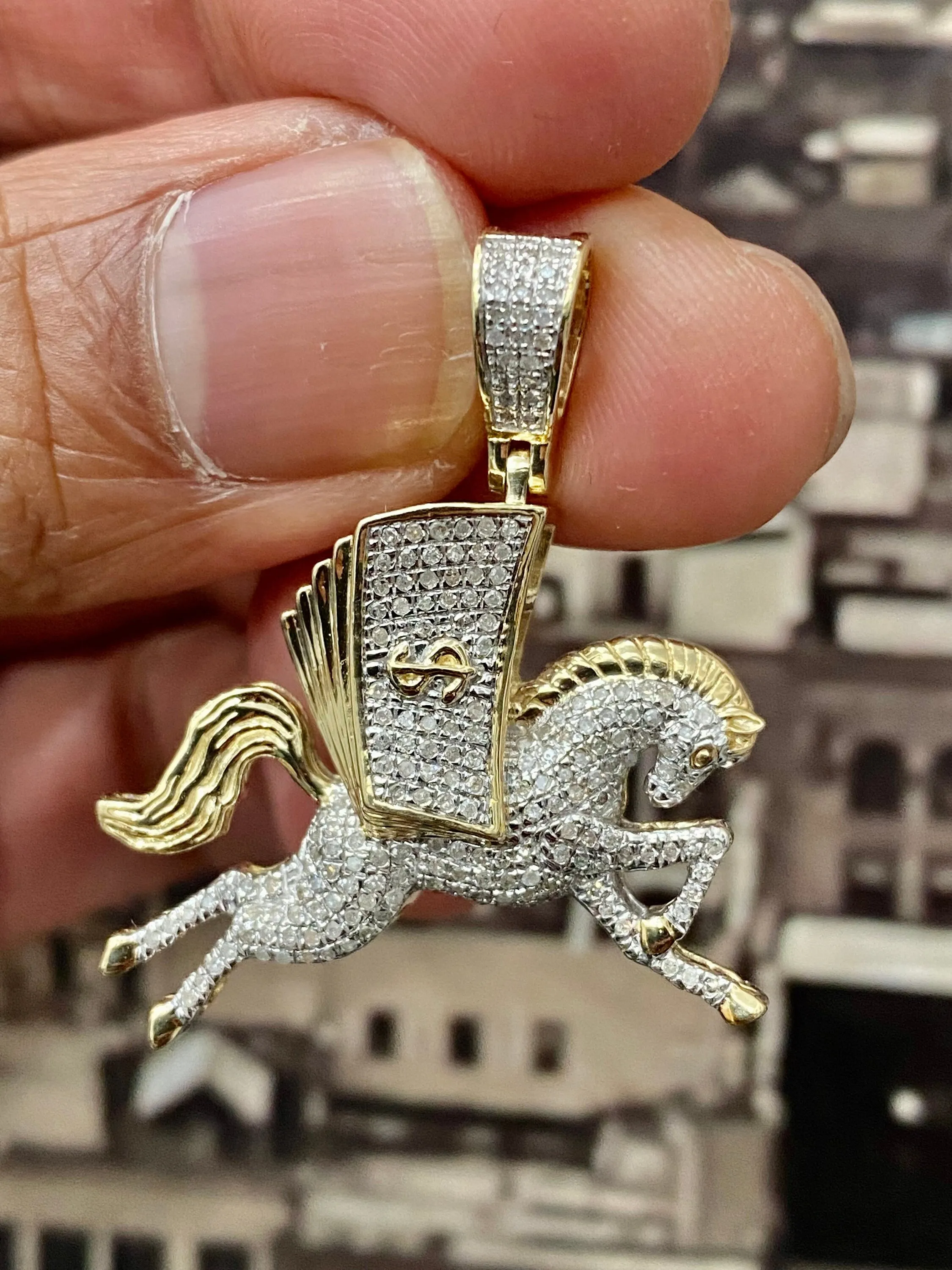 Diamond Money Horse  - 10k Yellow Gold Money Horse Diamond Pendant , Private Money Horse Hand Cut  0.46ct , 1.5" - custom jewelry