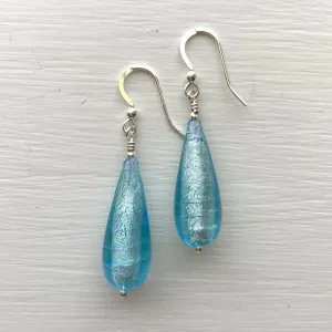 Earrings with aquamarine (blue) Murano glass long pear drops on silver or gold hooks