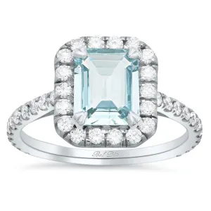 Emerald Cut Aquamarine Pave Diamond Halo Engagement Ring