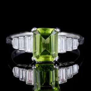 Emerald Cut Peridot Diamond Ring Platinum