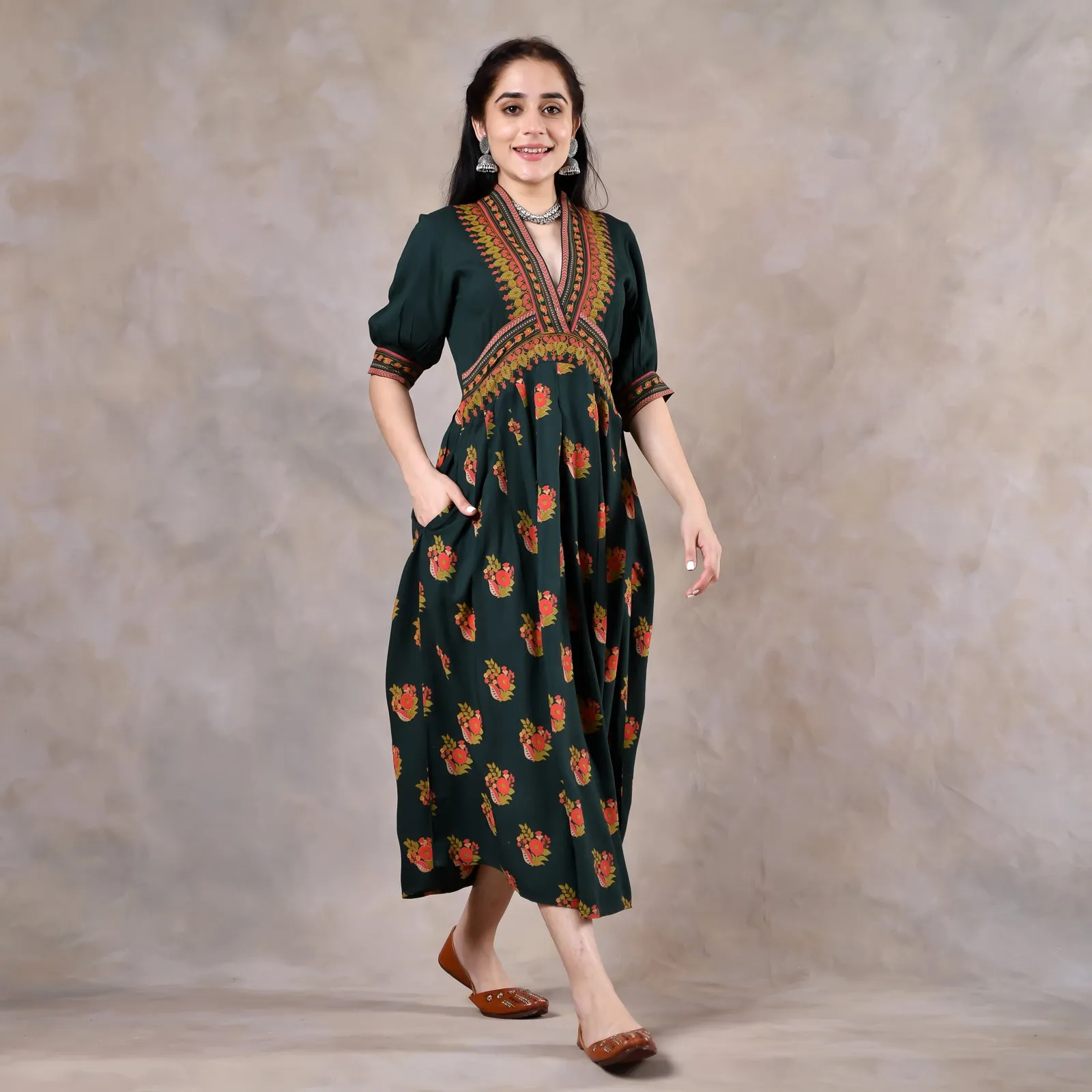 Emerald Green V Neck Alia Cut Dress