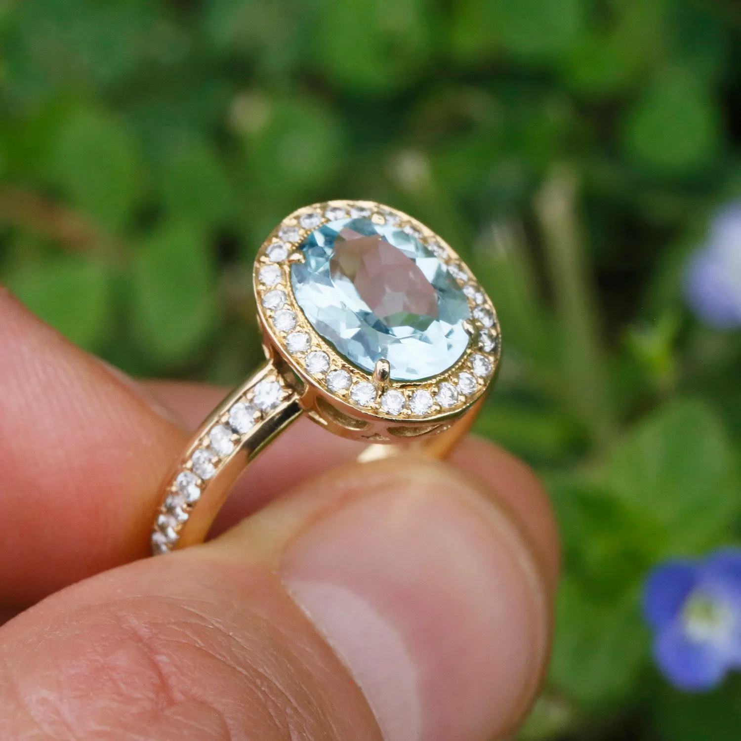 Erica Courtney Aquamarine Halo Eternity Ring with Diamonds 18K